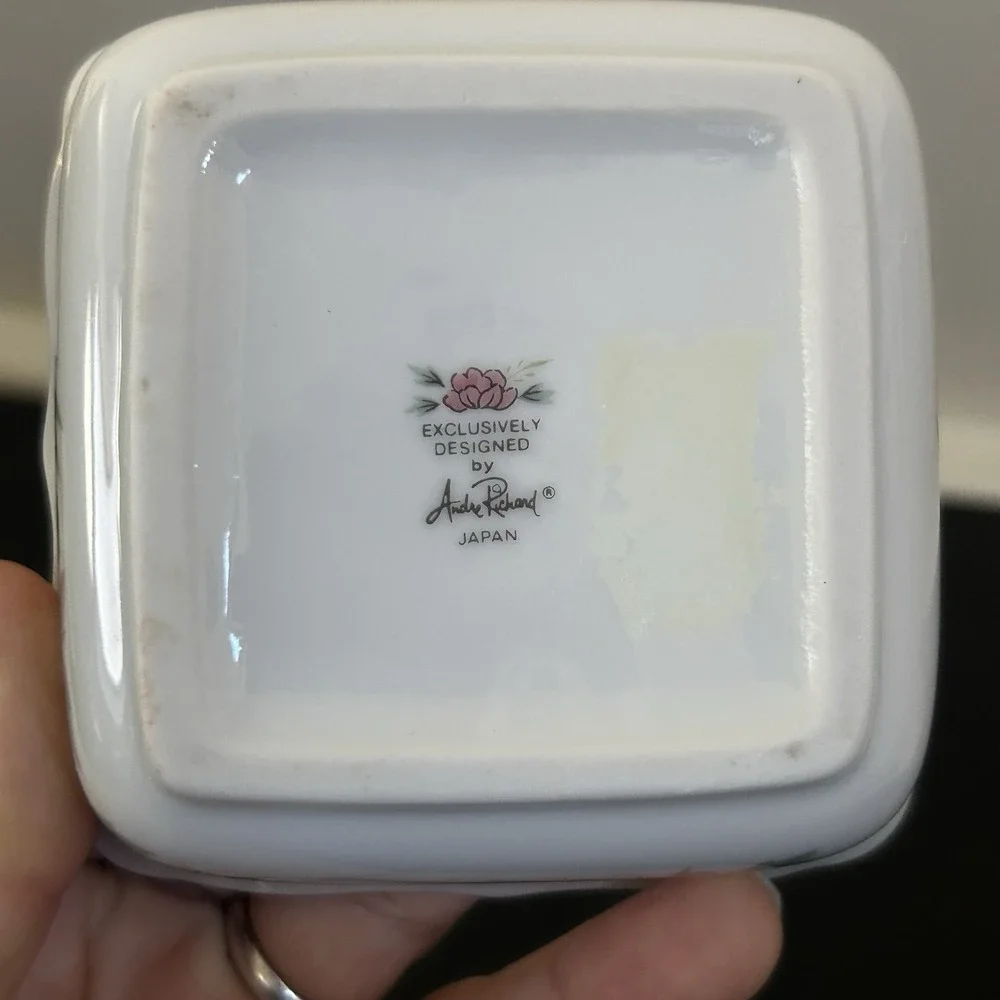 Vintage Andy Panda Japan Pink Rose Floral Porcelain Square Lidded Trinket Box